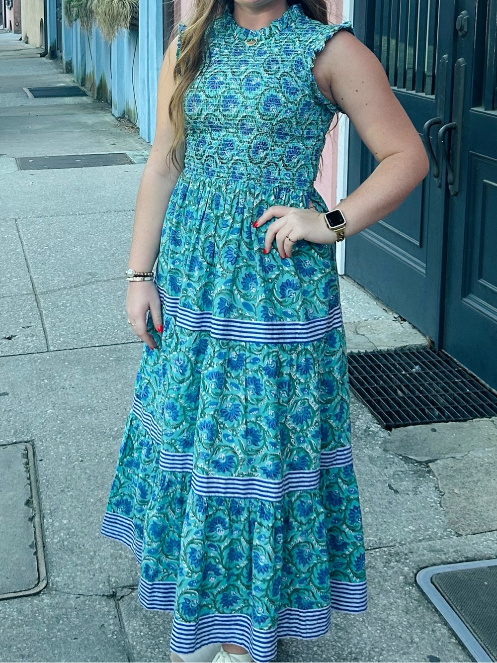 Sleeveless Blue-Green Floral Tiered Maxi Dress